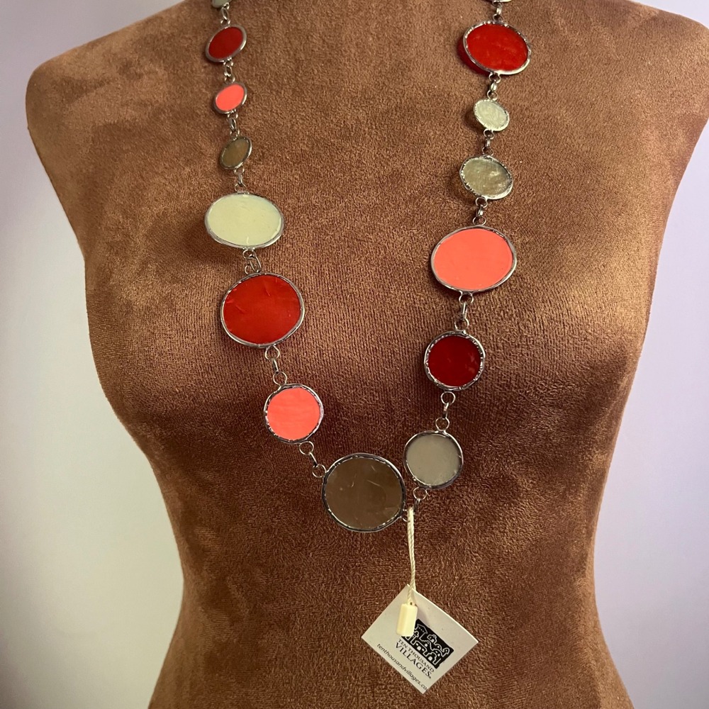 Ten Thousand Villages Red Capiz Shell Circle Station Necklace 32" Eclectic
